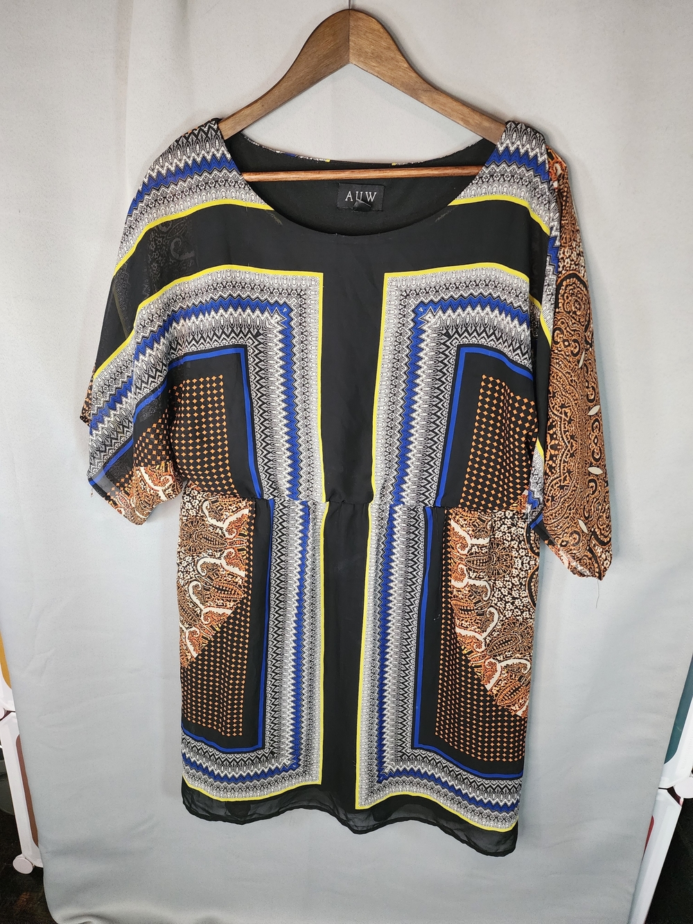 AUW Black Tunic with Blue, Yellow & Brown Geometric-Paisley Panels